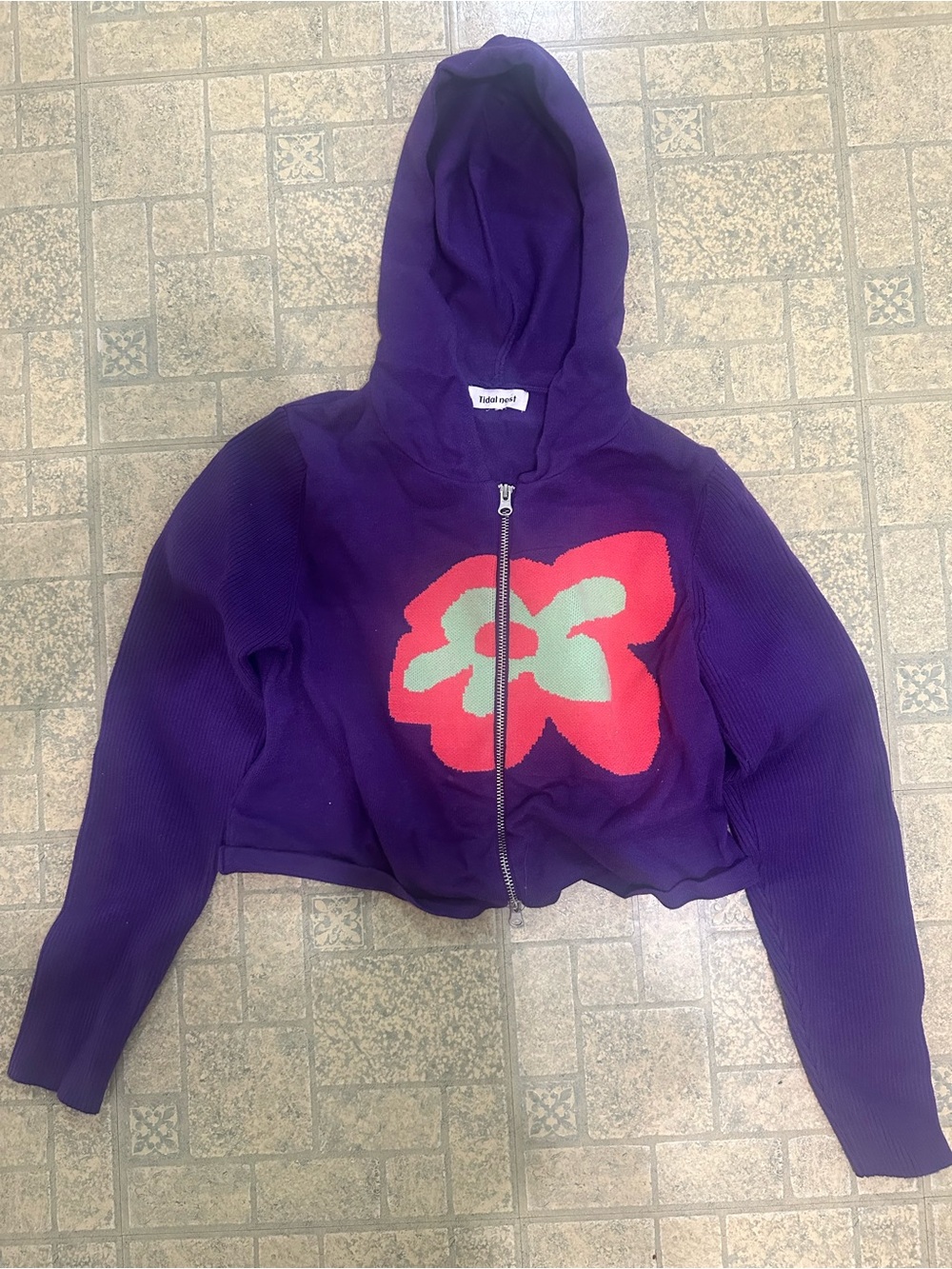 Purple Zip-Up Hoodie with Red & Mint Flower Graphic